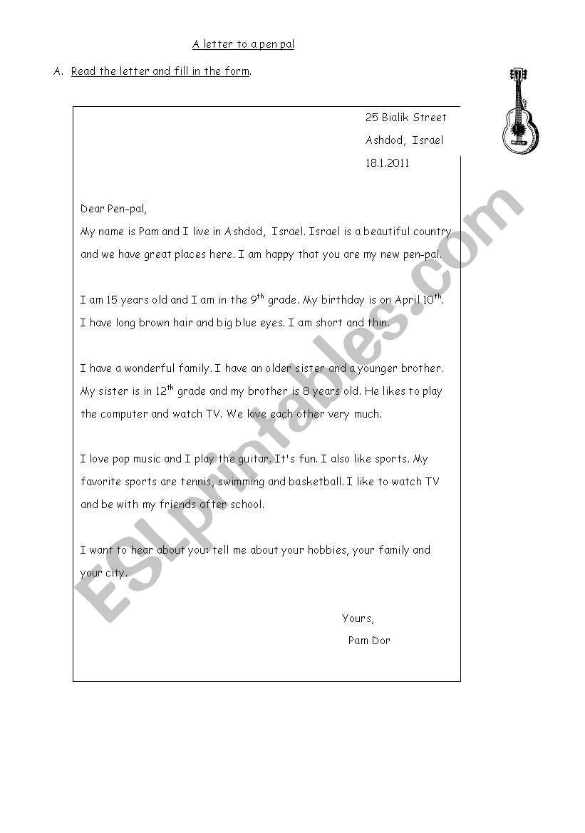 a letter to a pen pal worksheet