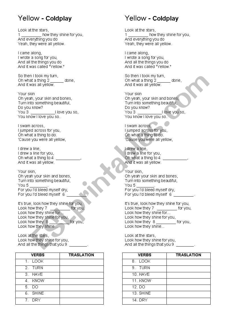 Yellow  by Cold Play worksheet