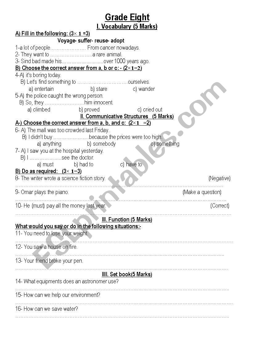 grade 8 exercises worksheet