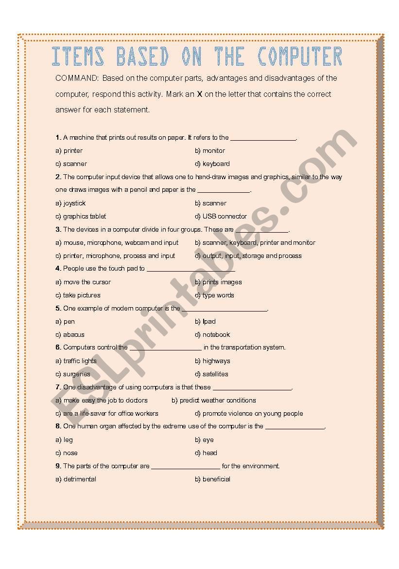 Items based on the computer worksheet