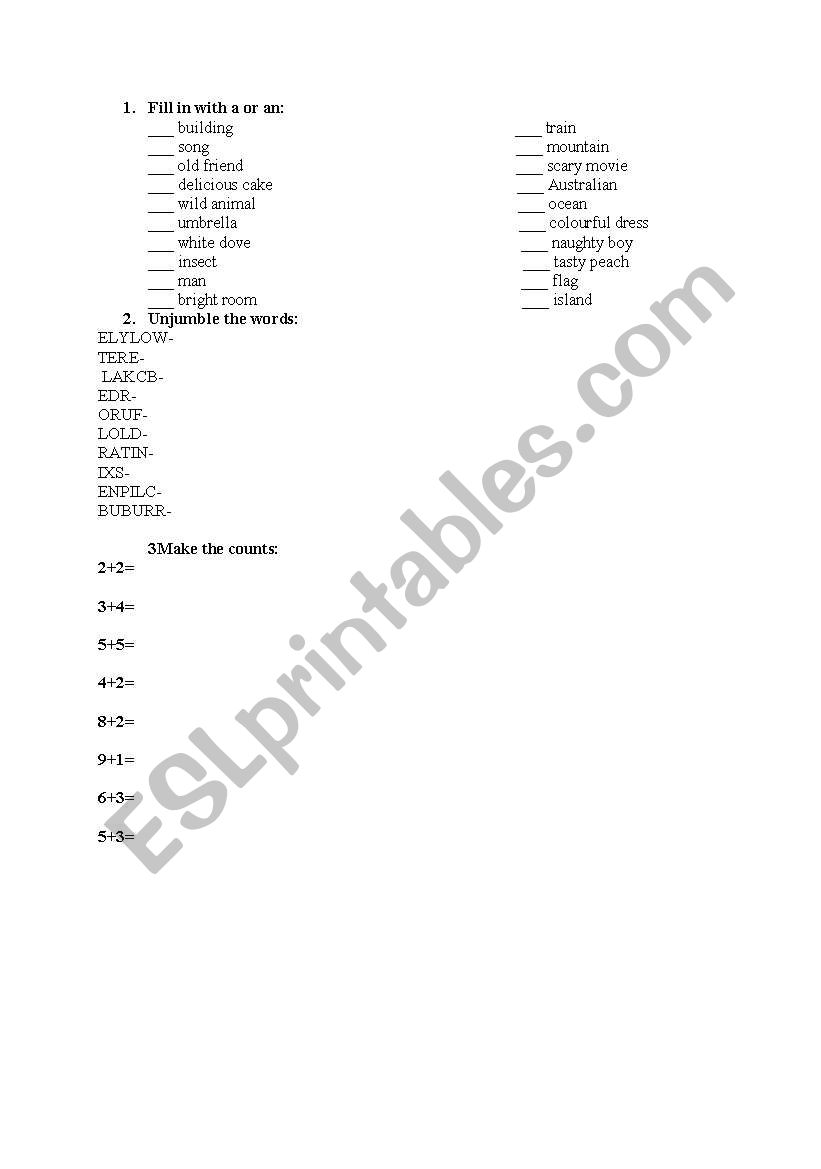 a/an the indefinite article worksheet