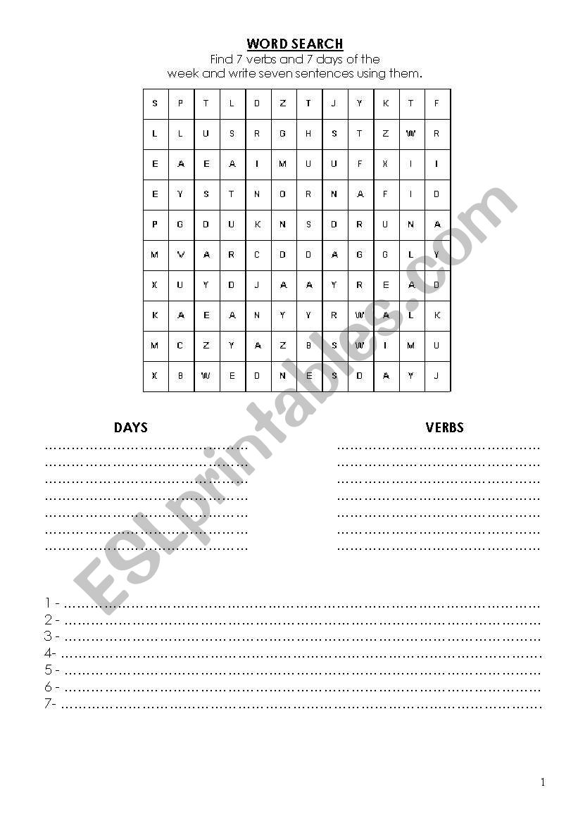 Word search - days and verbs worksheet