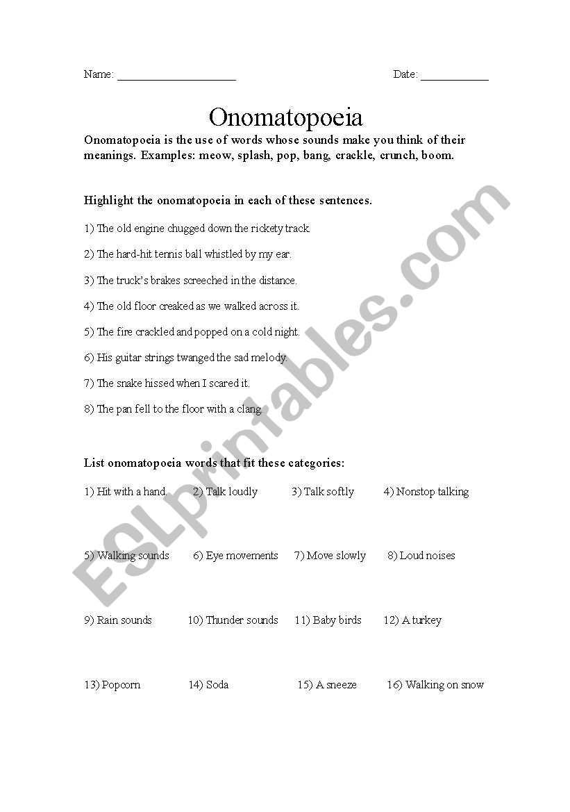 Onomatopoeia Worksheet worksheet