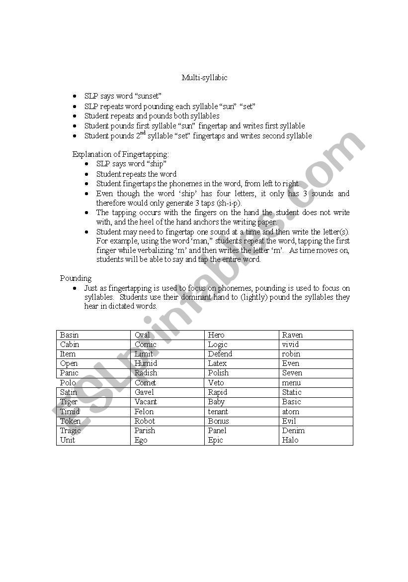 Multisyllable words worksheet