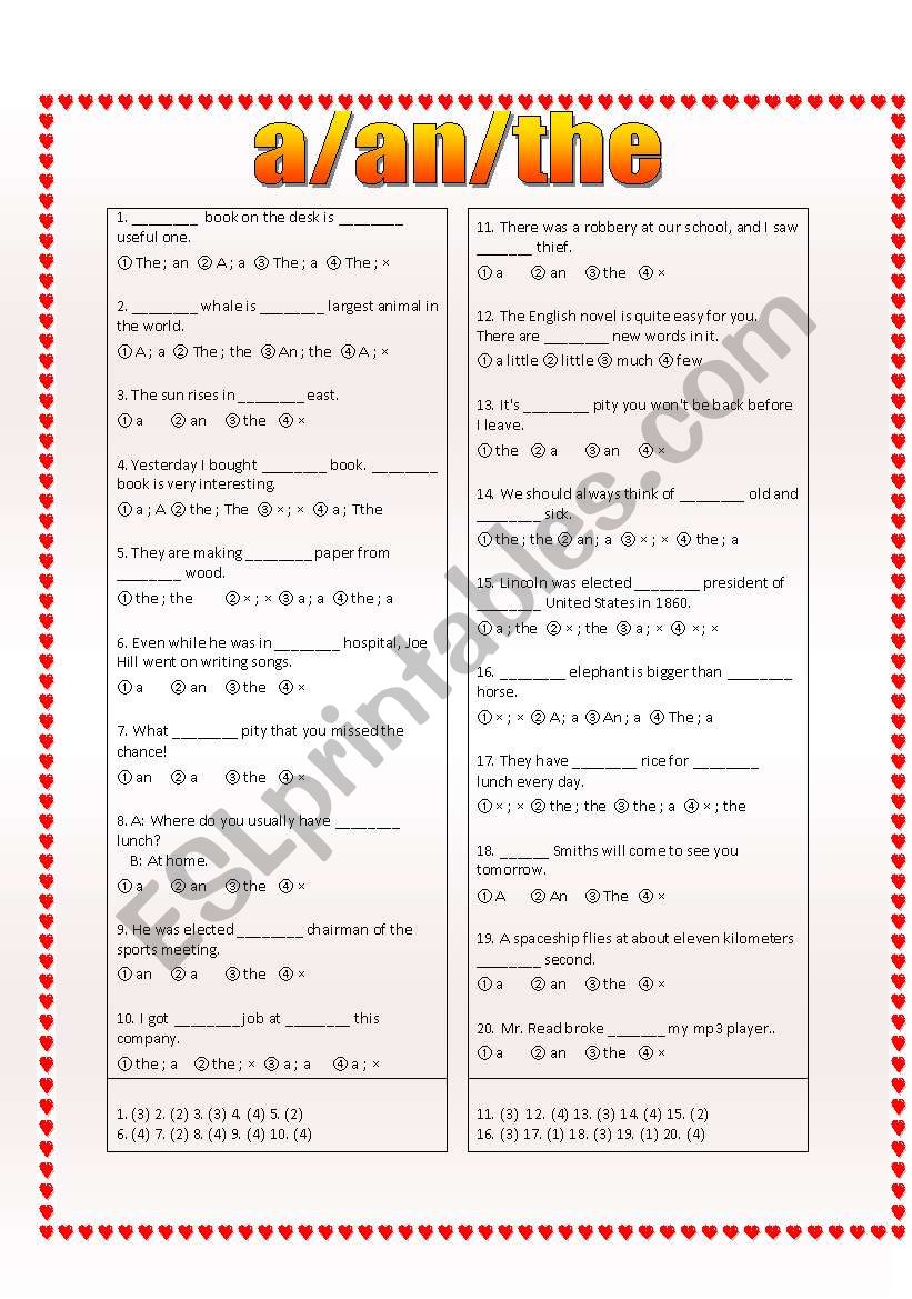 a/an/the test (20 questions with answer key) 2of 2