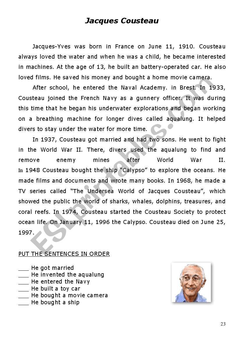 Biography - Jacques Cousteau worksheet