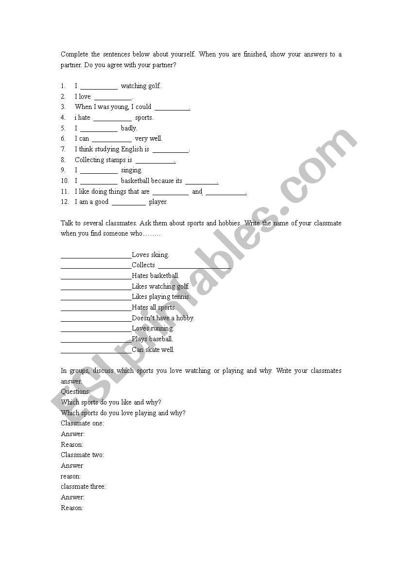 sport worksheet