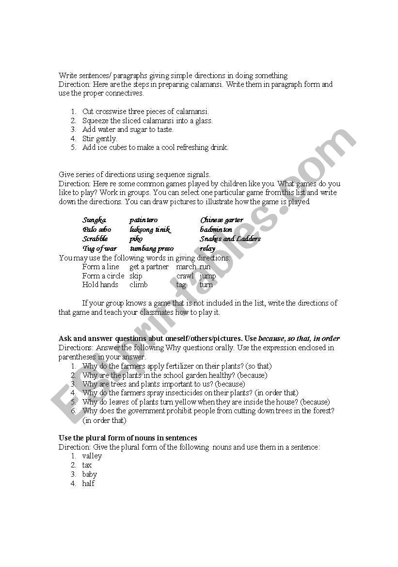 PELC- activities worksheet