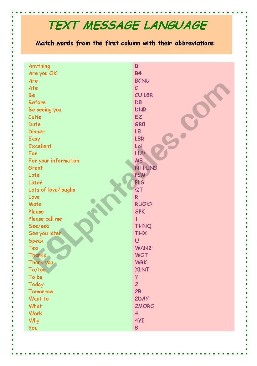 SMS language activity worksheet