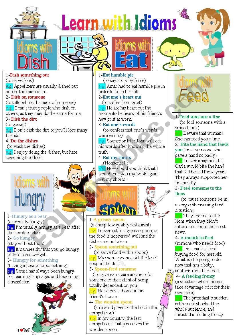 Learn with Idioms(Part 20): Idioms with Dish, Eat, Feed, Hungry, and Spoon ( B&W Version)