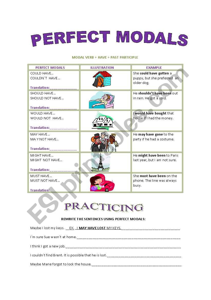 PERFECT MODALS- 2 PAGES -grammar and activities