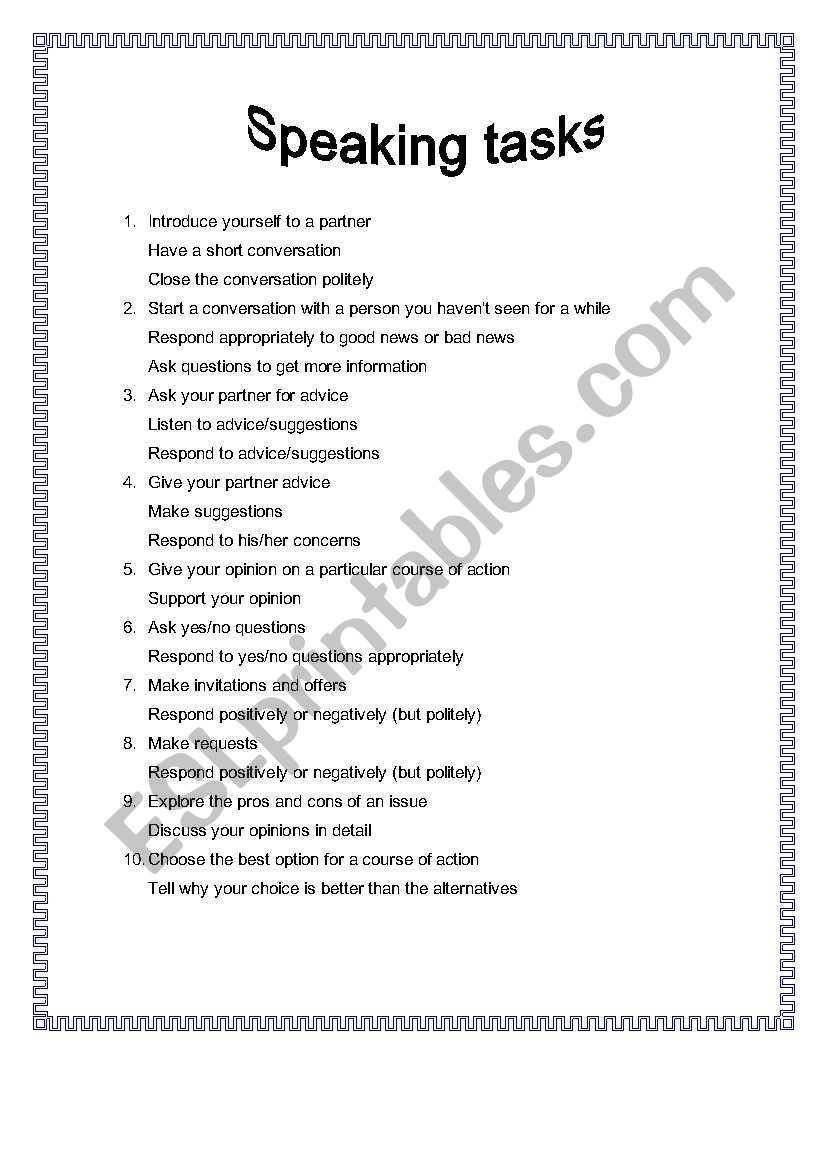 Speaking Tasks worksheet