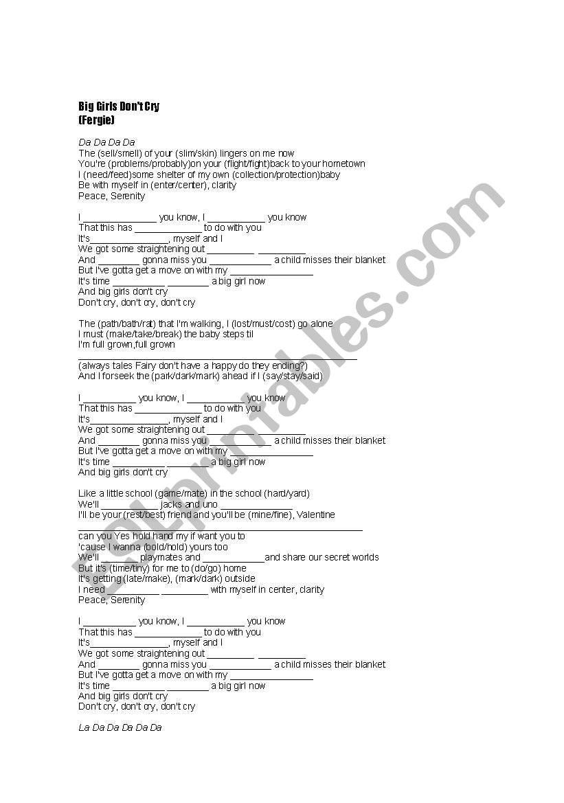Big Girl Don´t Cry worksheet
