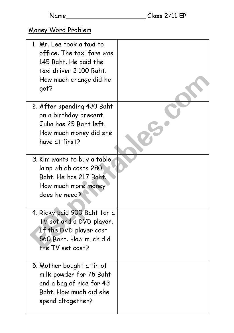 Math Money Word problem worksheet