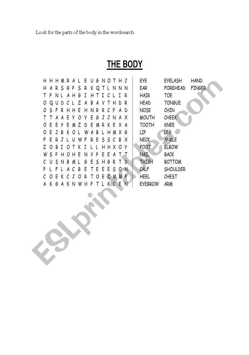 WORDSEARCH THE BODY worksheet