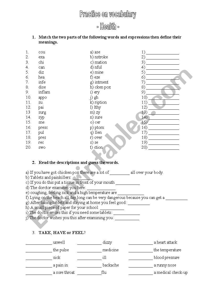 Practice on vocabulary: HEALTH 