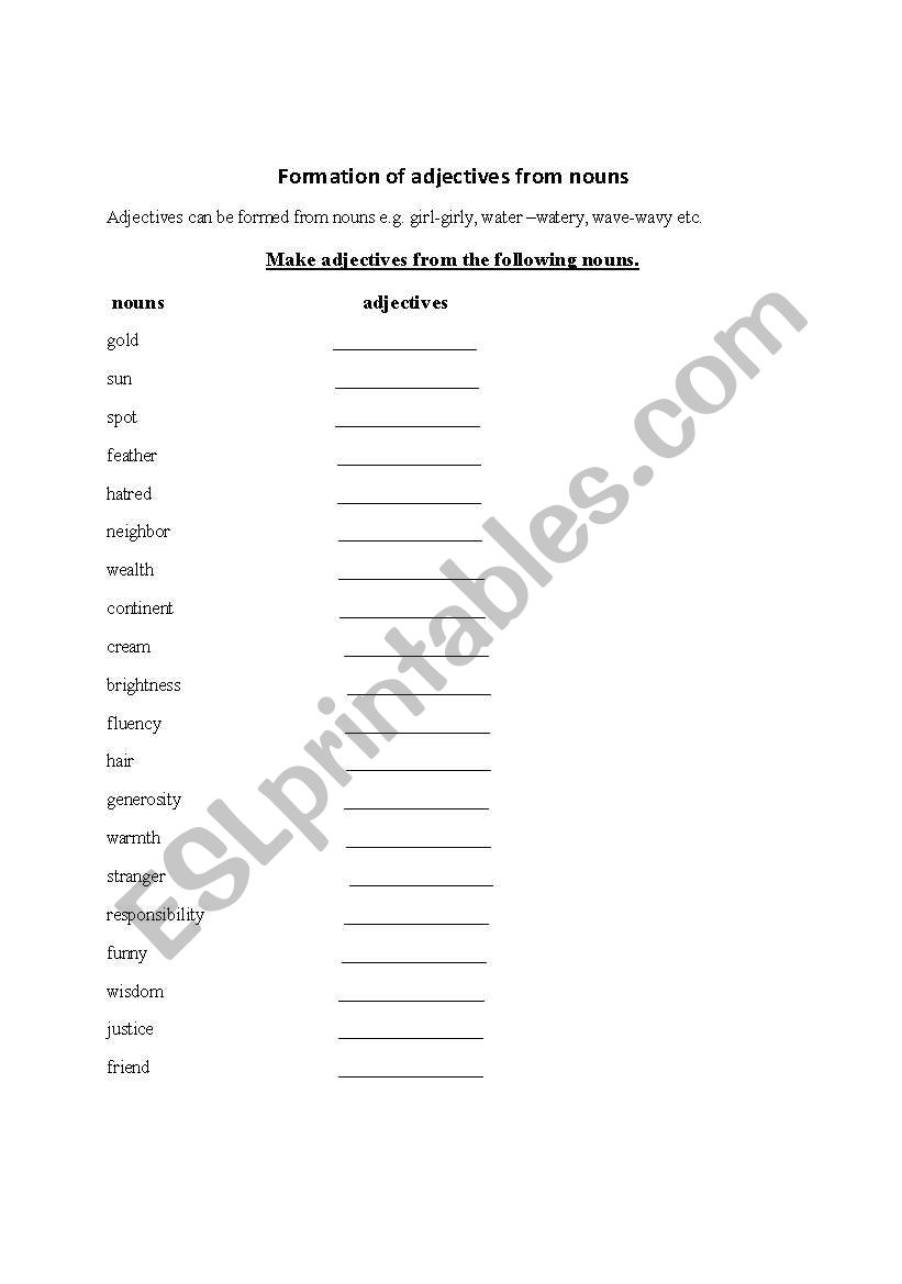 formation of adjectives worksheet