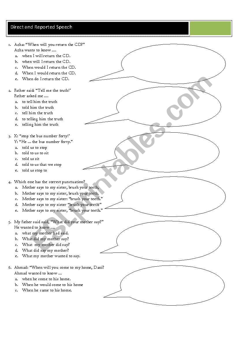 Direct and Reported Speech worksheet