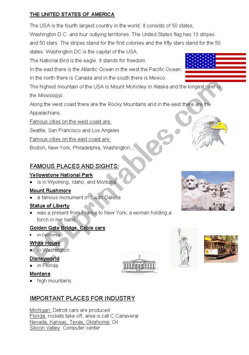 United States of America worksheet