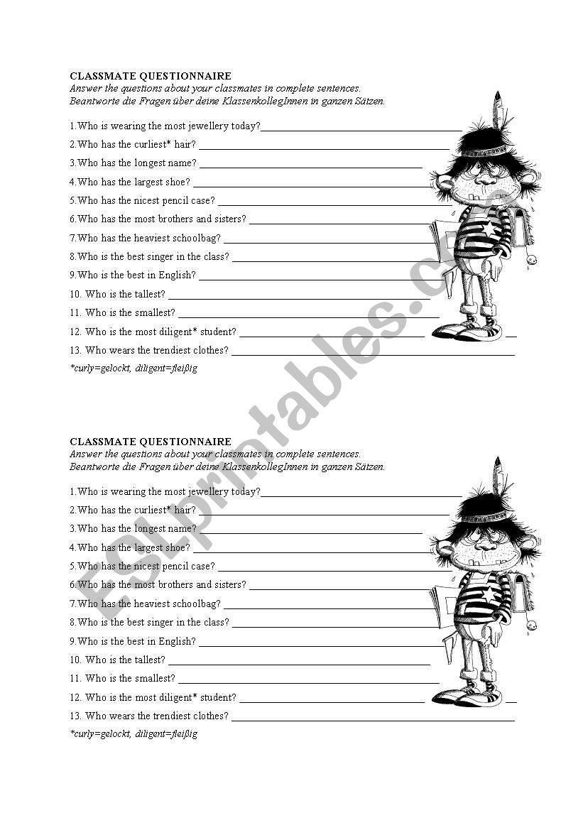 Classmate questionnaire comparison of adjectives