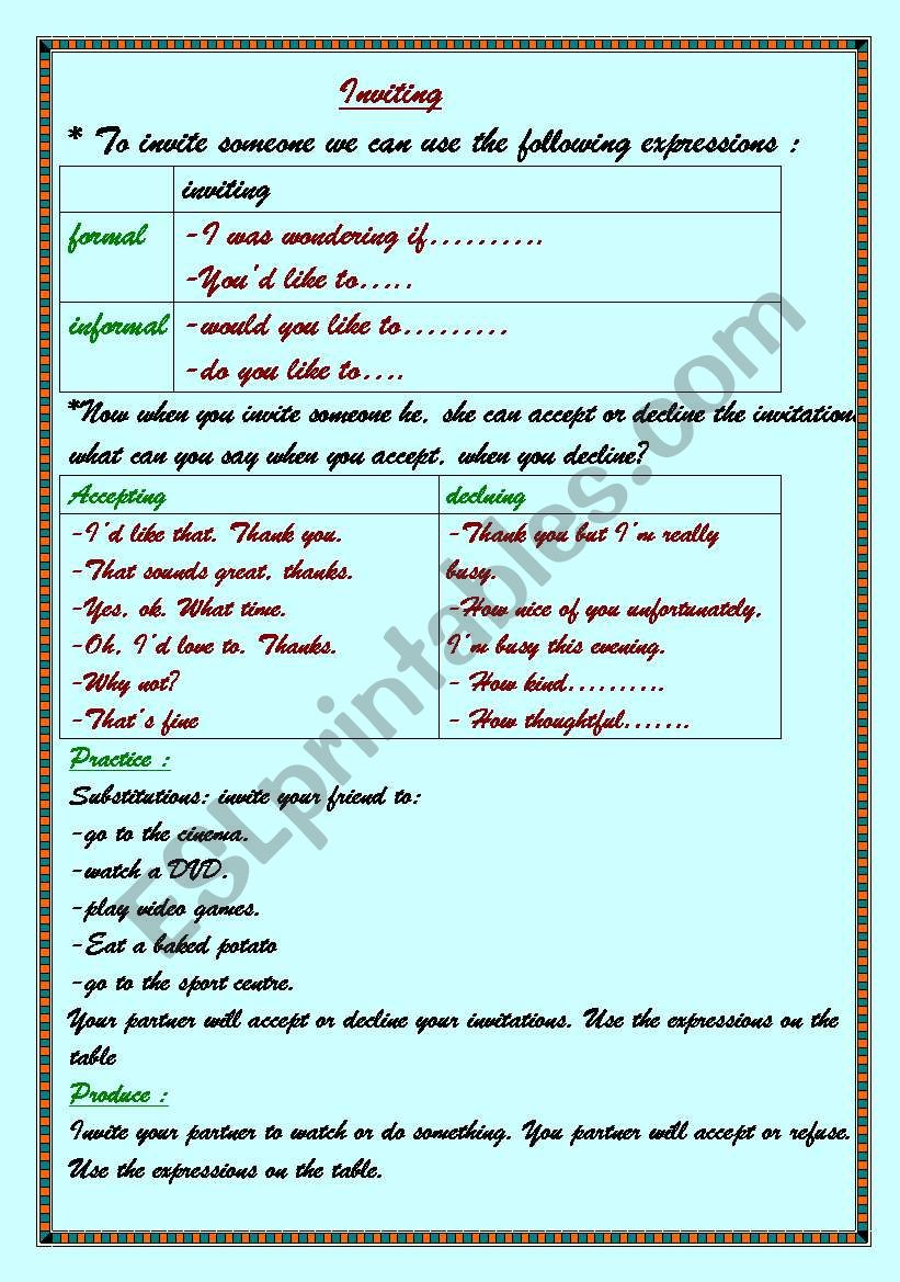 making invivitations worksheet