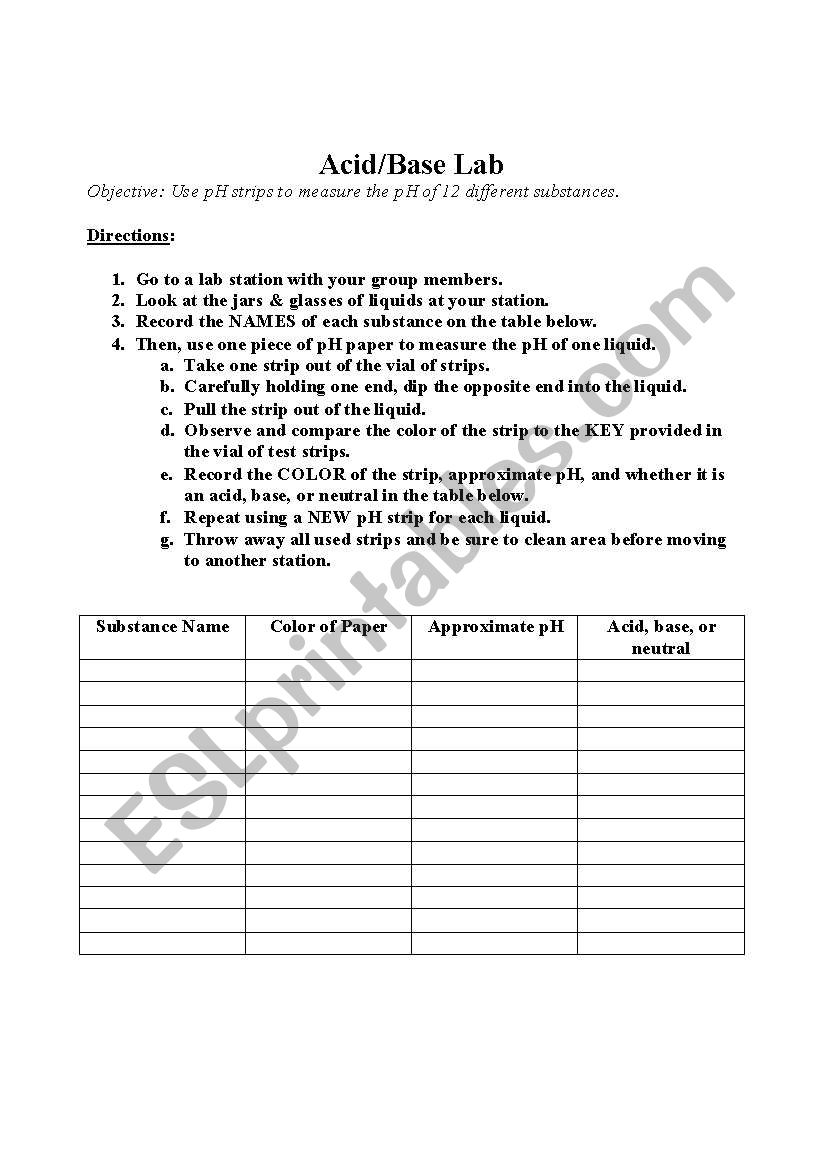 English worksheets: acid/base lab Inside Acid And Base Worksheet