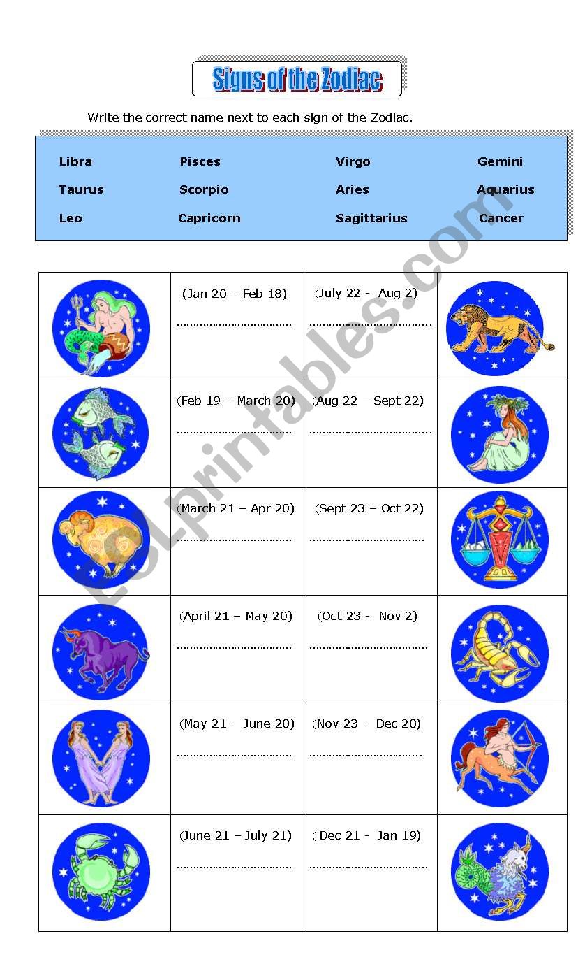 Zodiac Signs worksheet