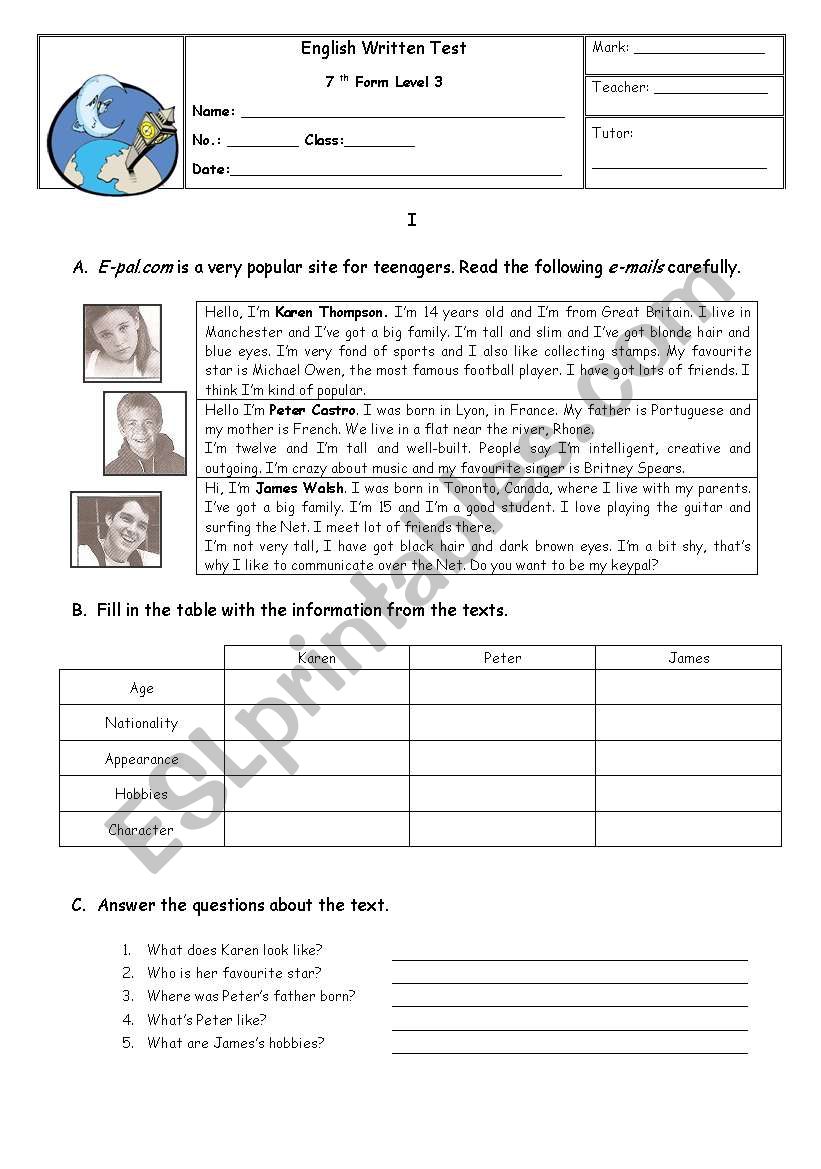 English Written test worksheet