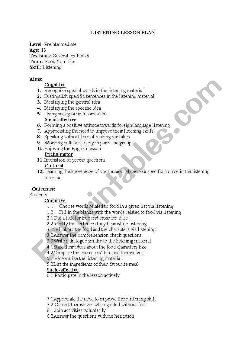 listening lesson plan worksheet