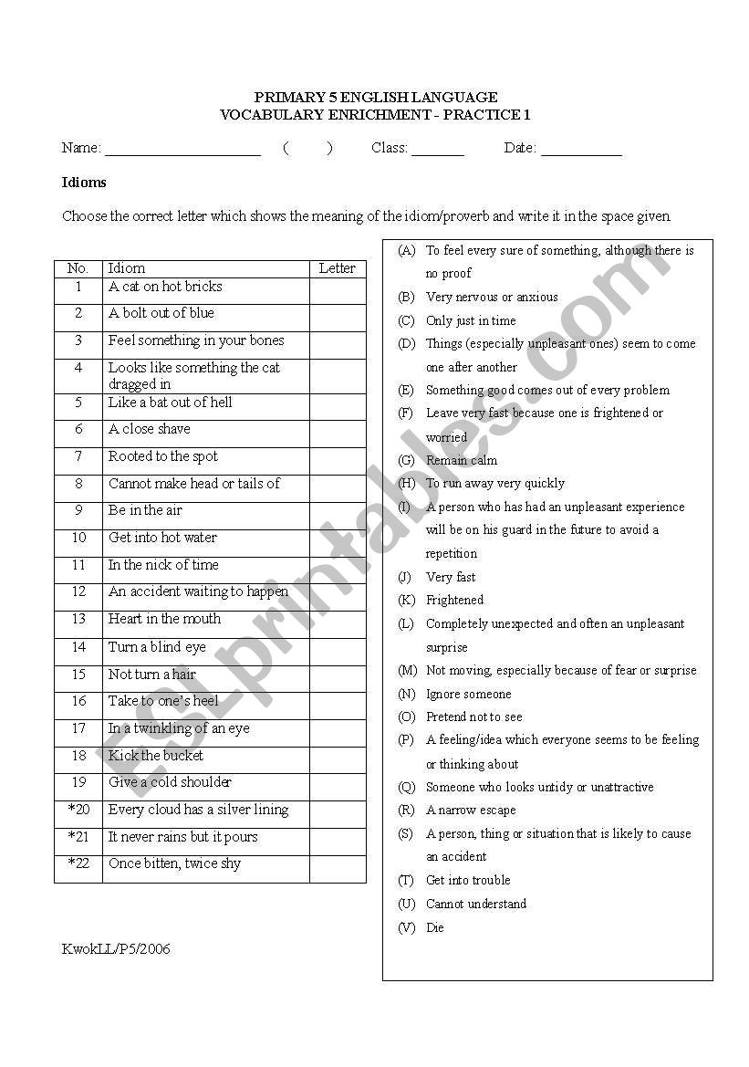 Worksheet on Idioms worksheet