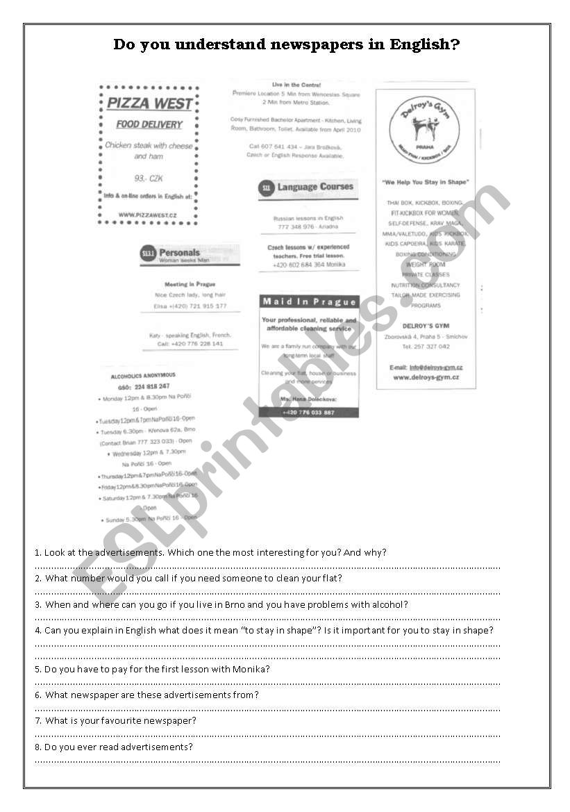 Understanding newspapers worksheet