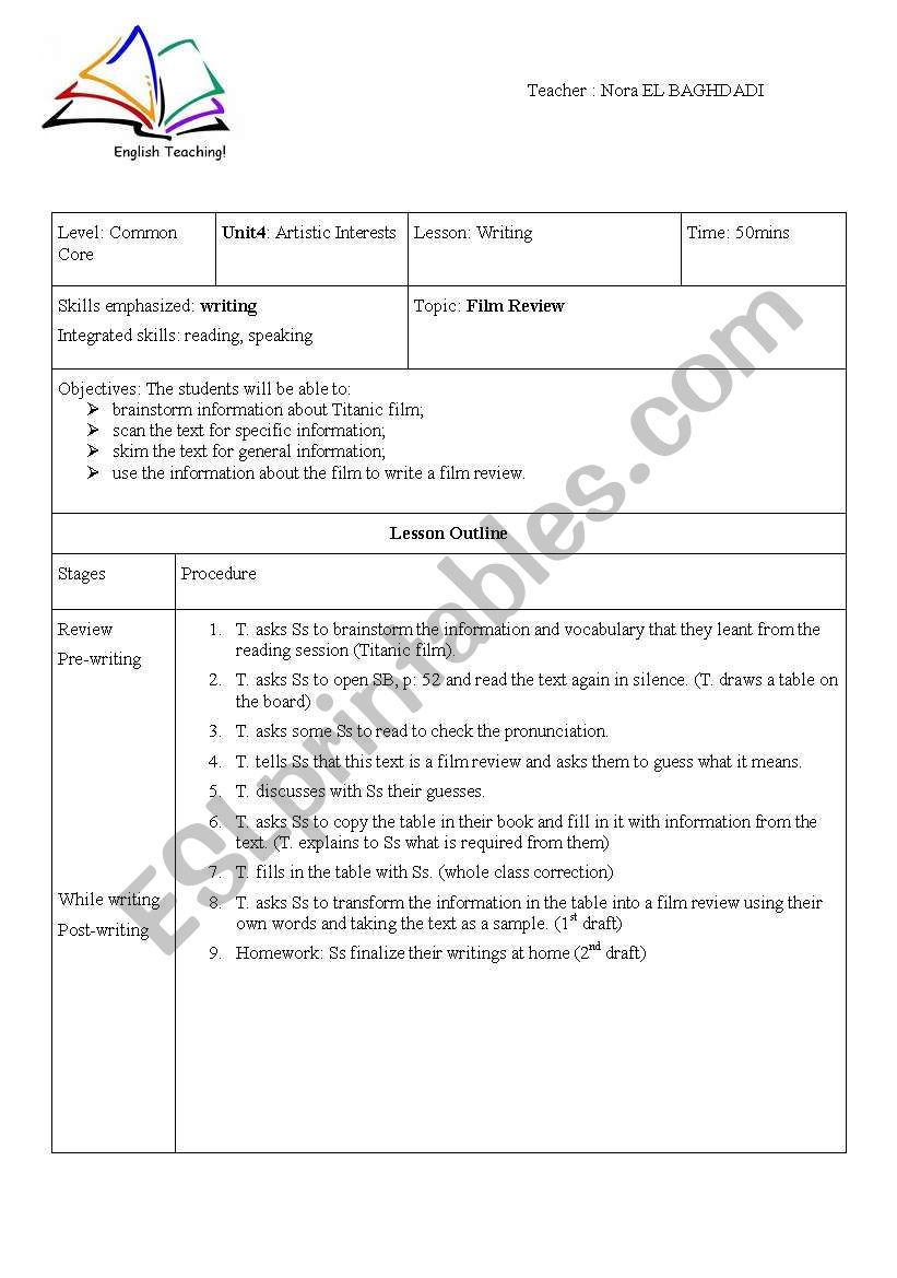 Writing a Film Review  worksheet