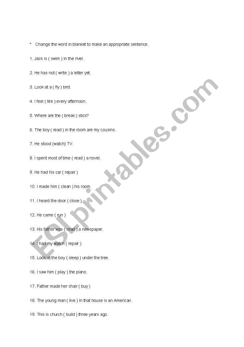 participle worksheet worksheet