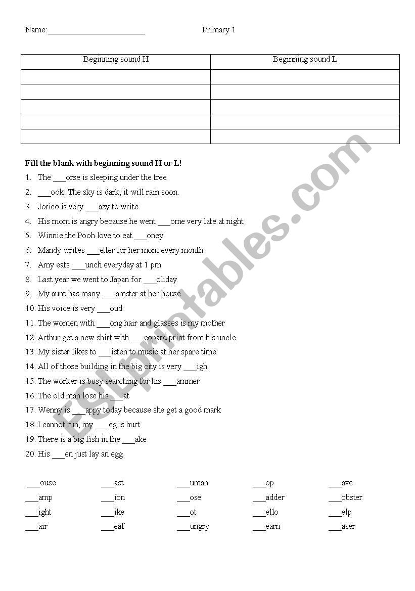 BEGINNING SOUND H & L worksheet