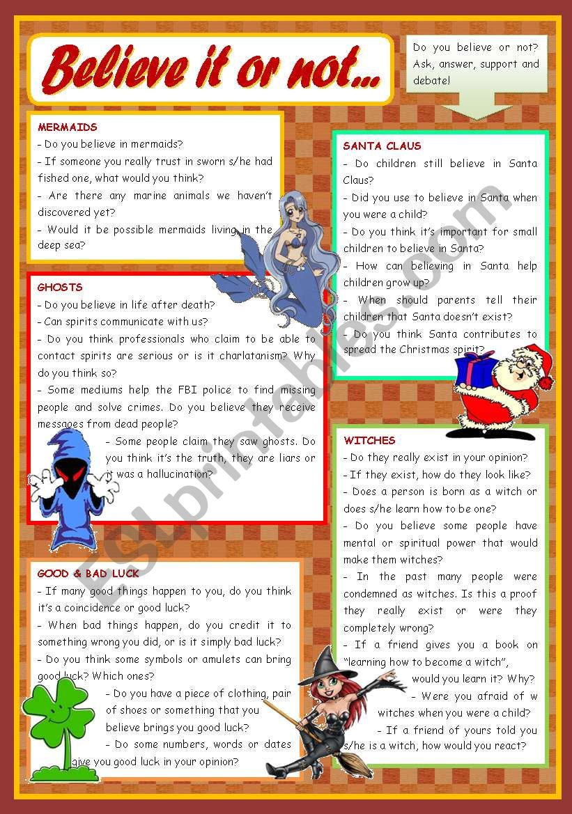 Believe it or not - conversation cards (mermaids, witches, Santa Claus, ghosts, good / bad luck) ***editable