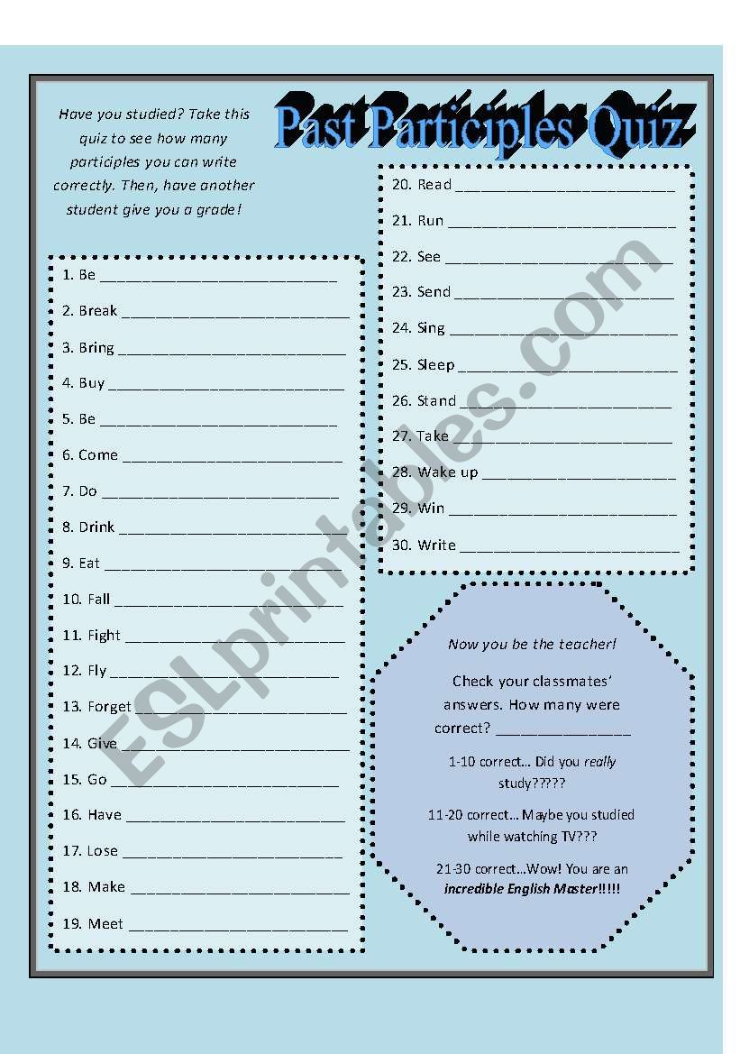 Past Participles Quiz worksheet