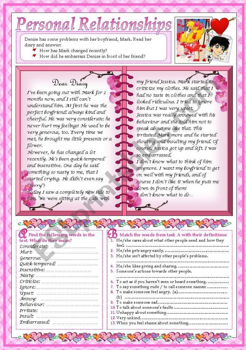 Dear Diary... (2 pages+key) worksheet