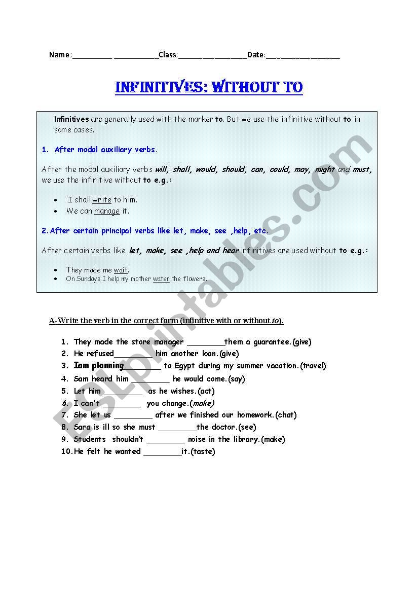 infinitivewithout to worksheet