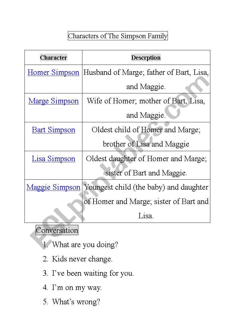 Charactors of the Simpson worksheet