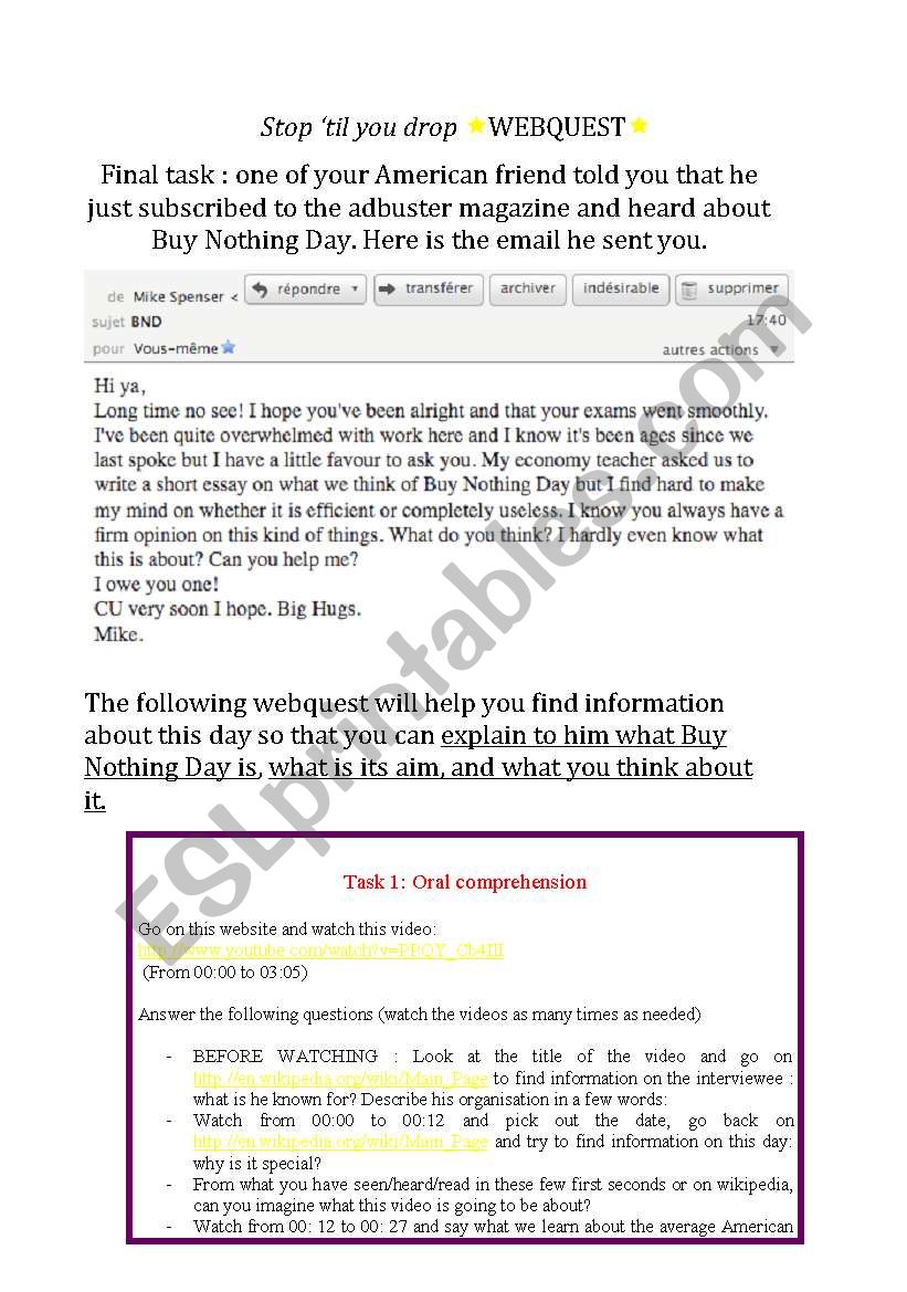 WEBQUEST BUY NOTHING DAY worksheet