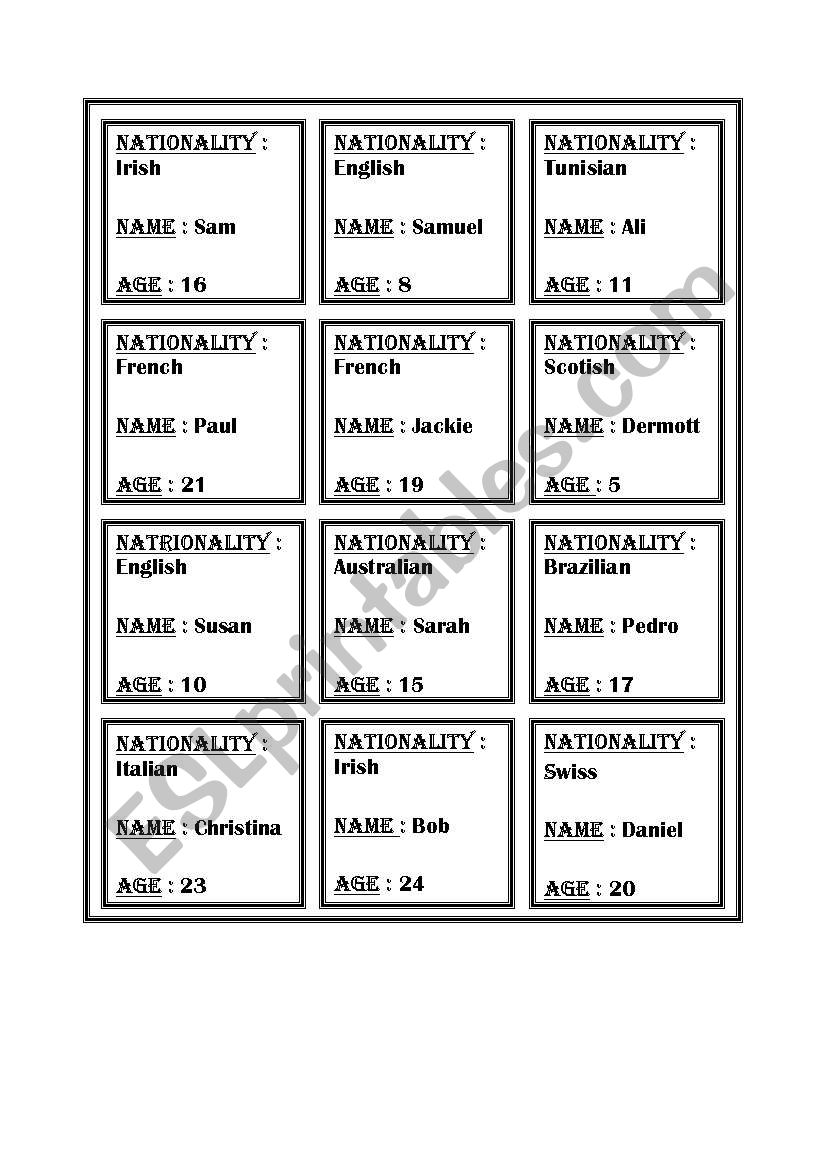 identity cards worksheet