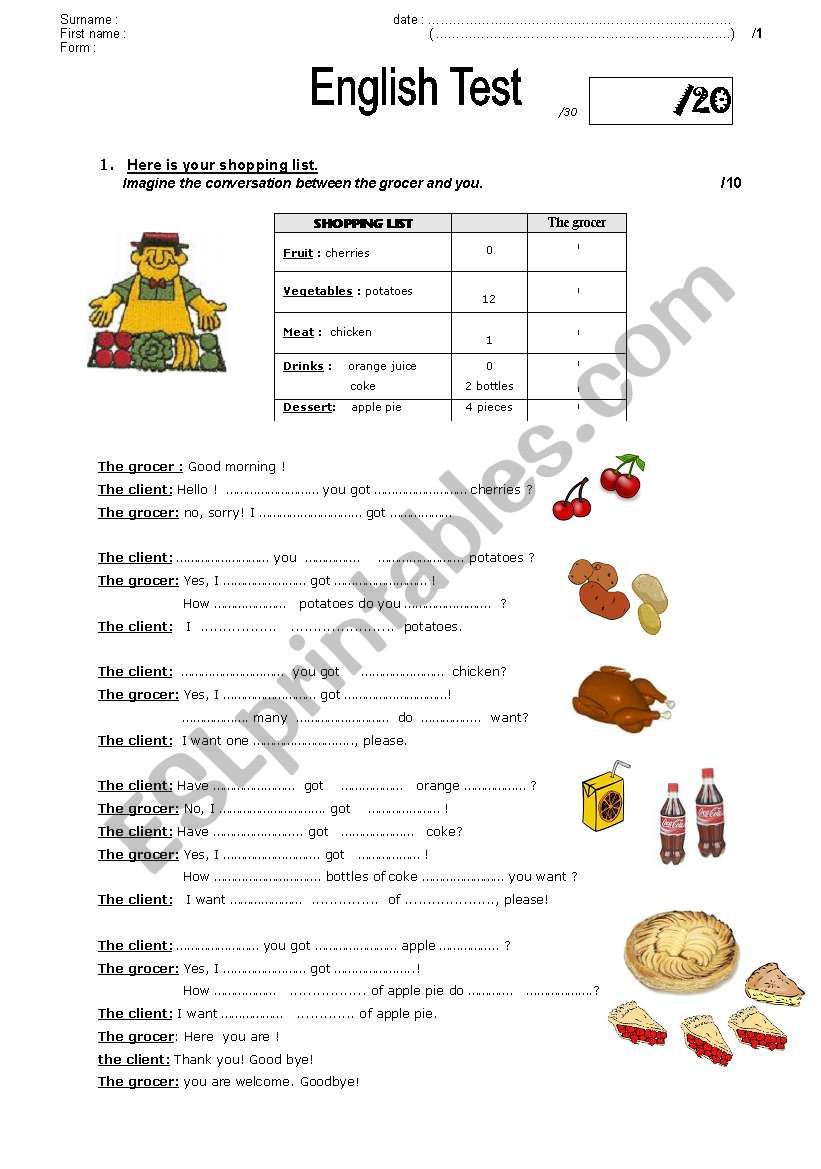 FOOD (quantities) worksheet