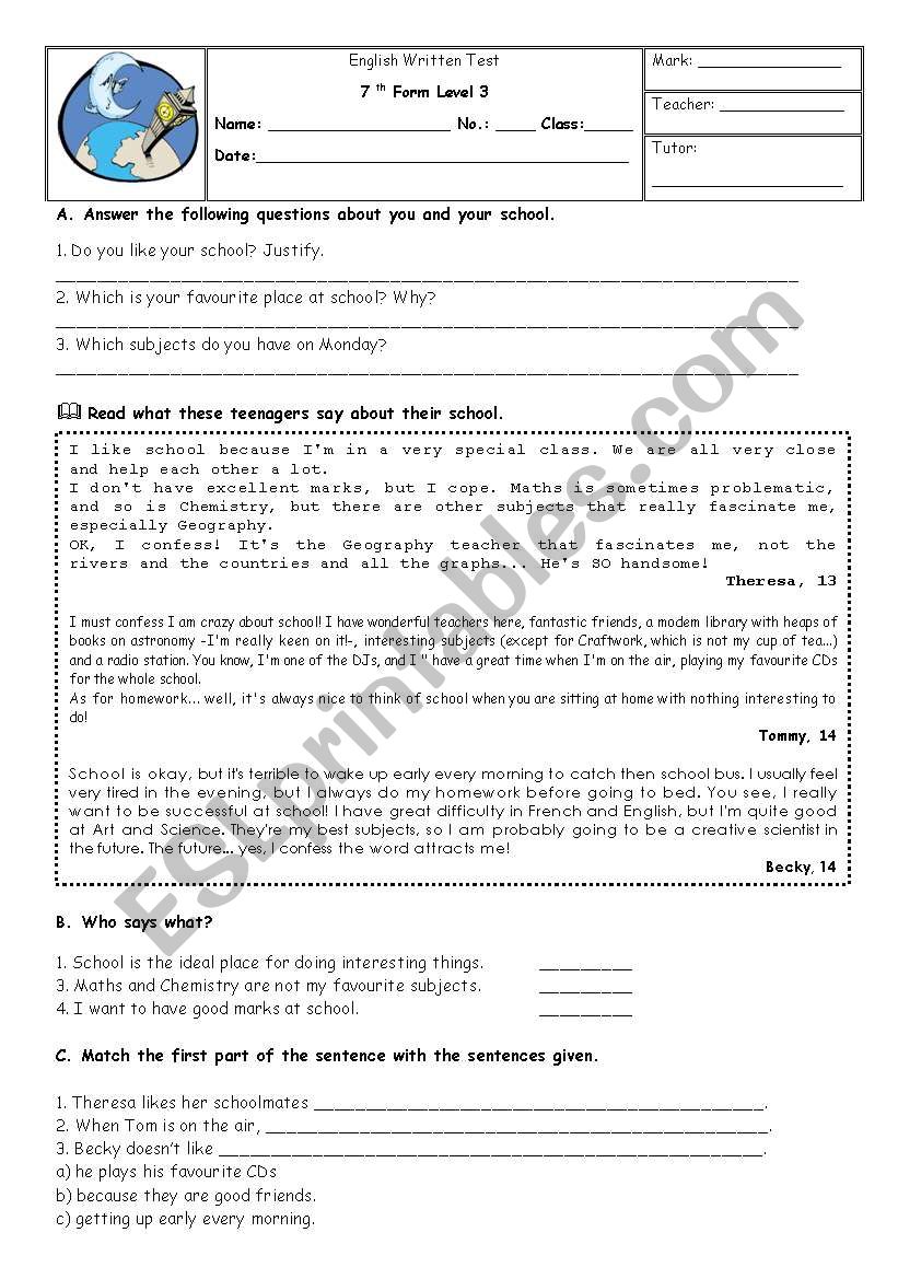 English test about school worksheet