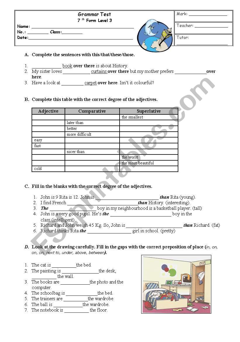 Grammar test worksheet