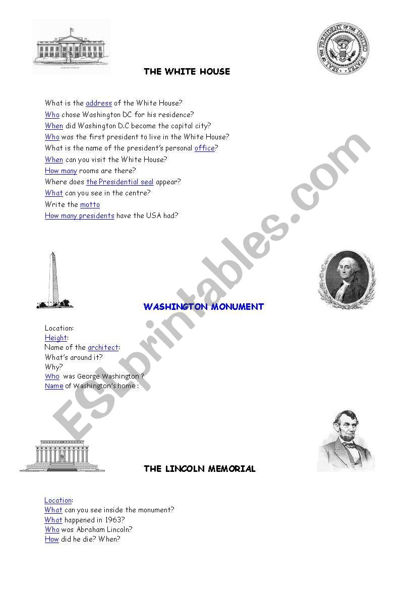 Washington monuments worksheet