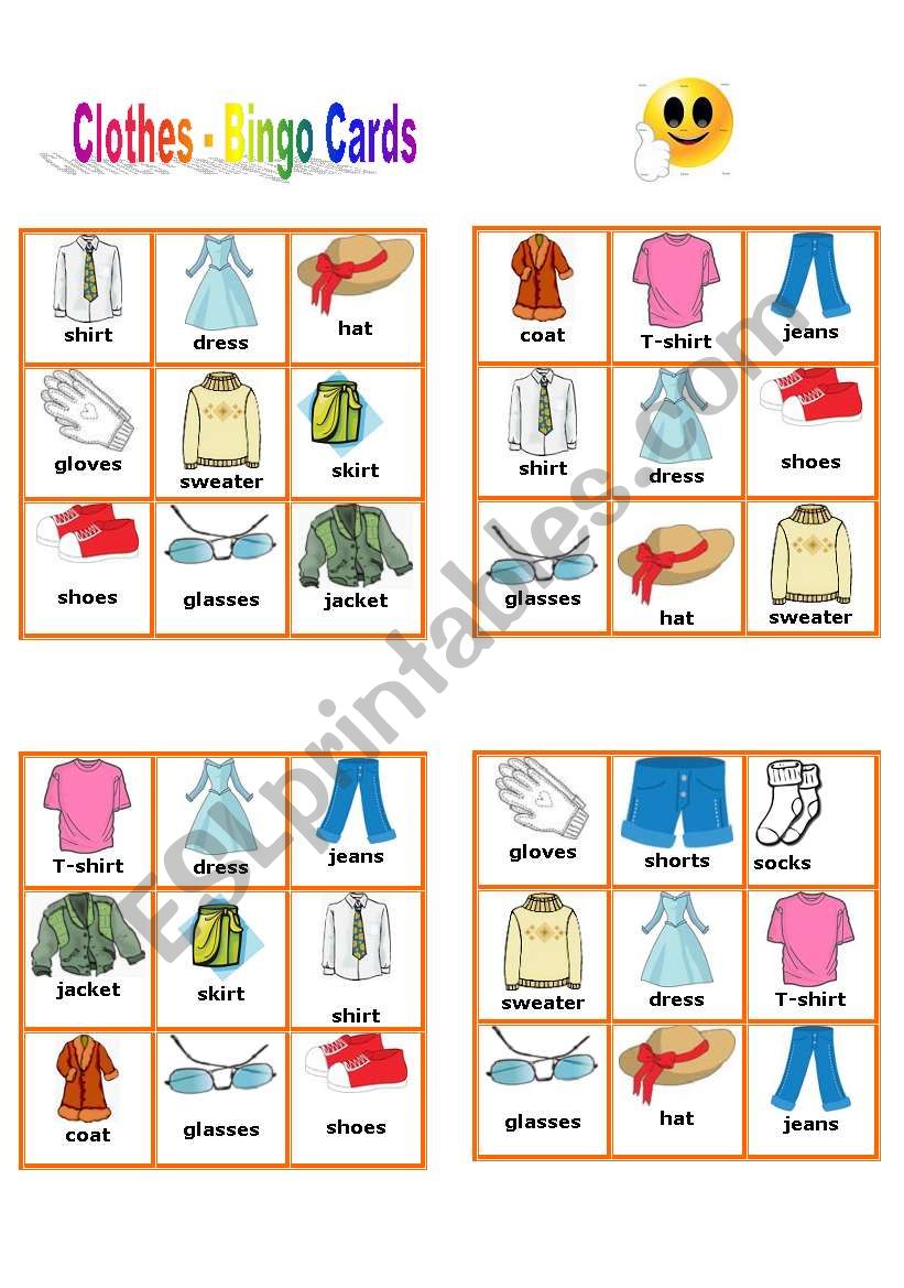 Clothes - 10 Bingo Cards worksheet