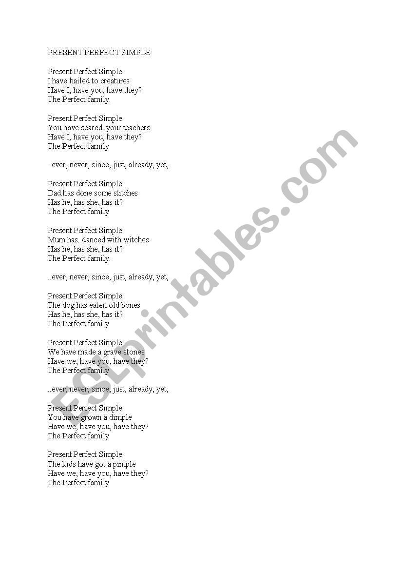 Present Perfect Family worksheet