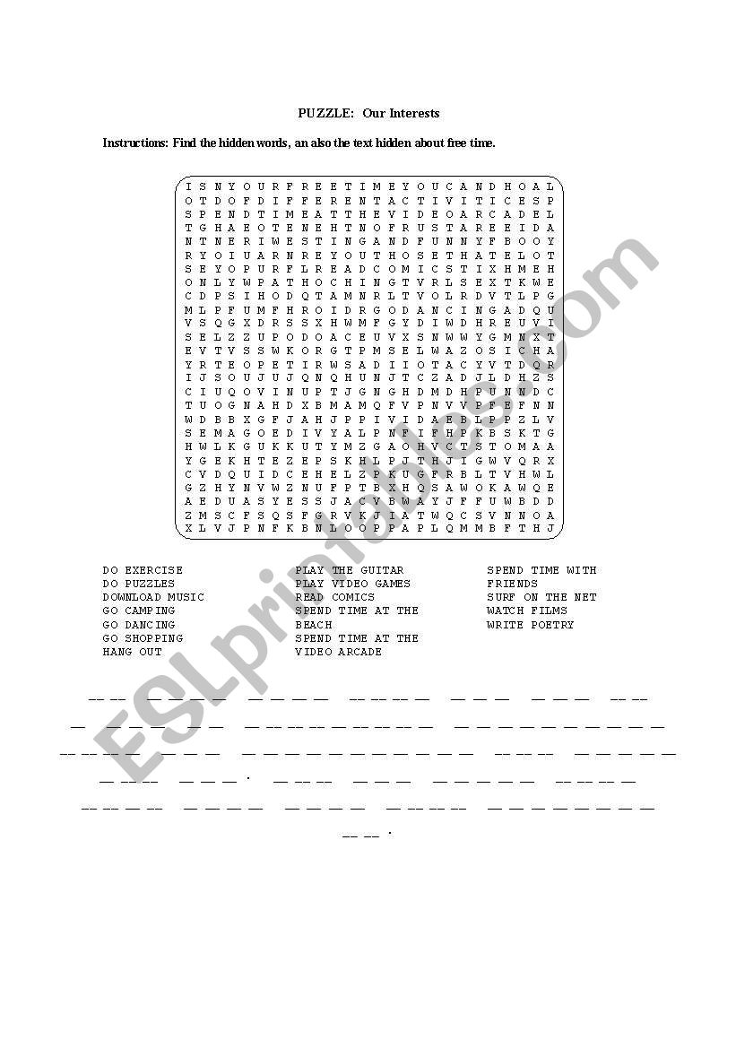 wordsearch FREE TIME activities