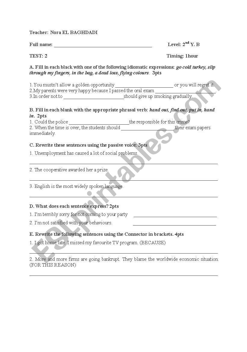 Test in language and writing  worksheet
