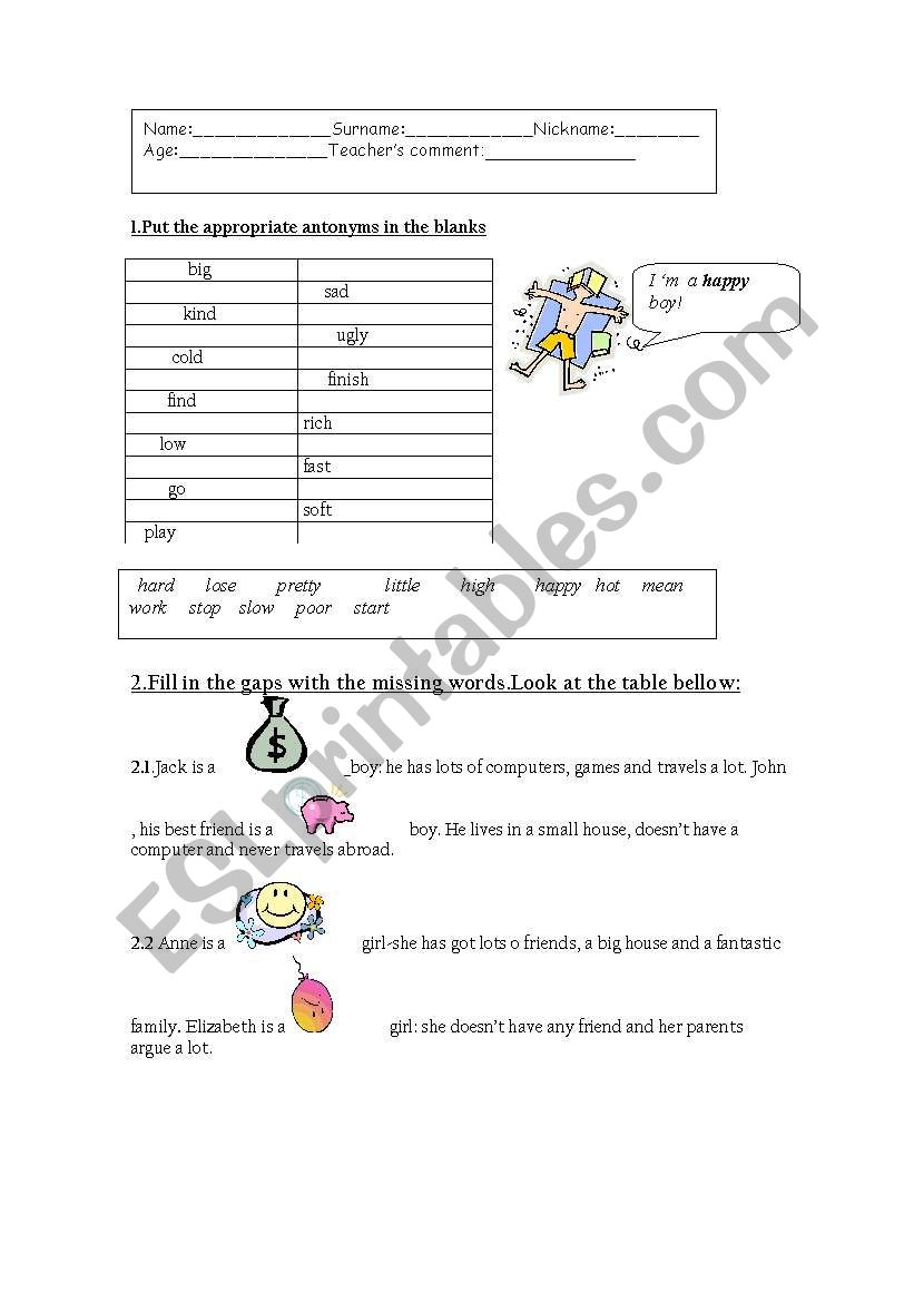 Antonyms worksheet worksheet